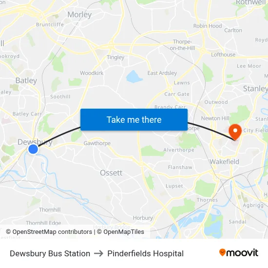 Dewsbury Bus Station to Pinderfields Hospital map