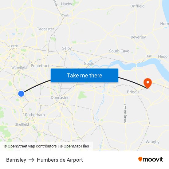 Barnsley to Humberside Airport map