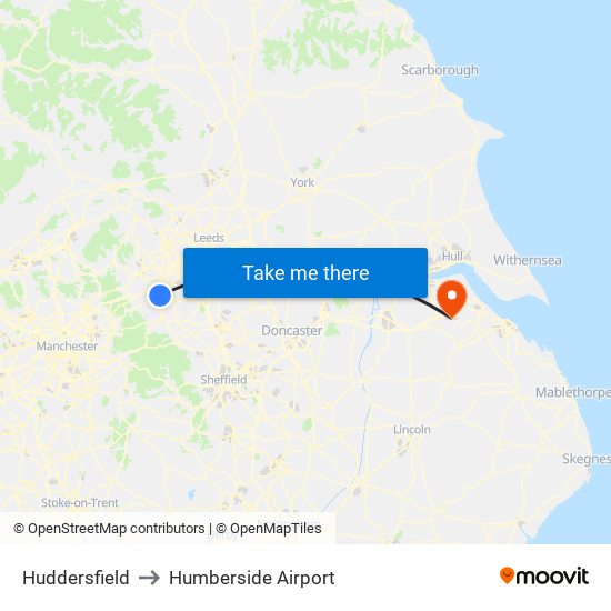 Huddersfield to Humberside Airport map