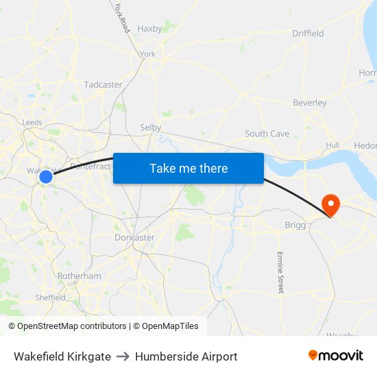 Wakefield Kirkgate to Humberside Airport map