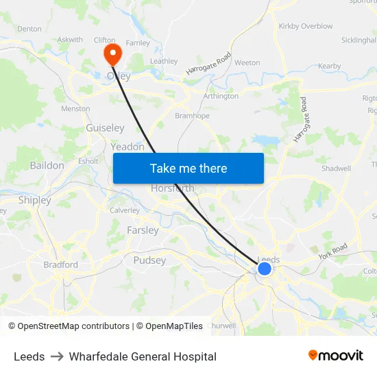 Leeds to Wharfedale General Hospital map