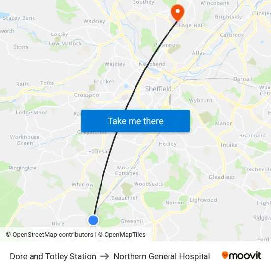 Dore and Totley Station to Northern General Hospital map