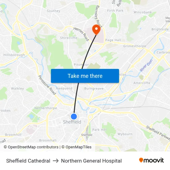 Sheffield Cathedral to Northern General Hospital map