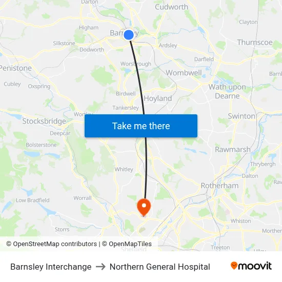 Barnsley Interchange to Northern General Hospital map