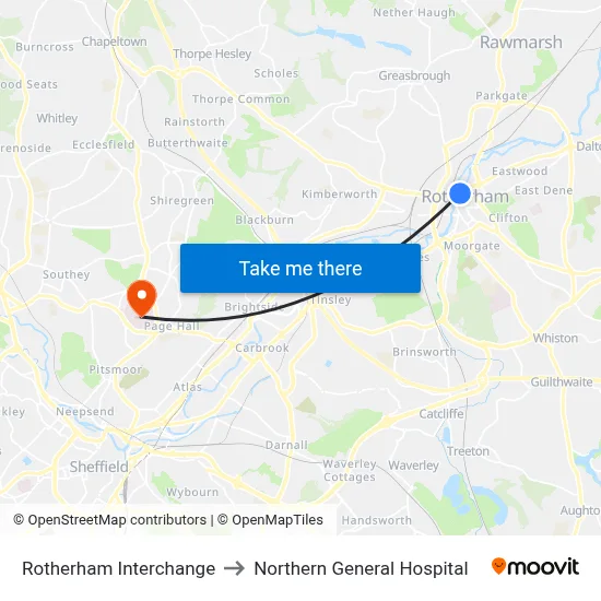 Rotherham Interchange to Northern General Hospital map