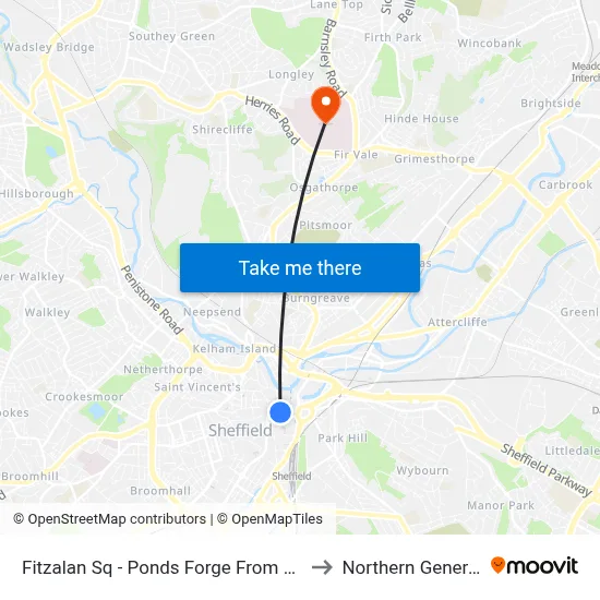 Fitzalan Sq - Ponds Forge From City, Sheffield Centre to Northern General Hospital map
