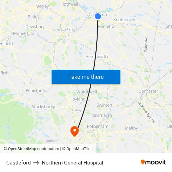 Castleford to Northern General Hospital map