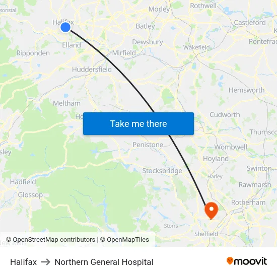 Halifax to Northern General Hospital map