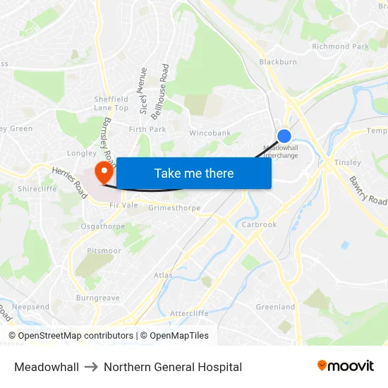 Meadowhall to Northern General Hospital map
