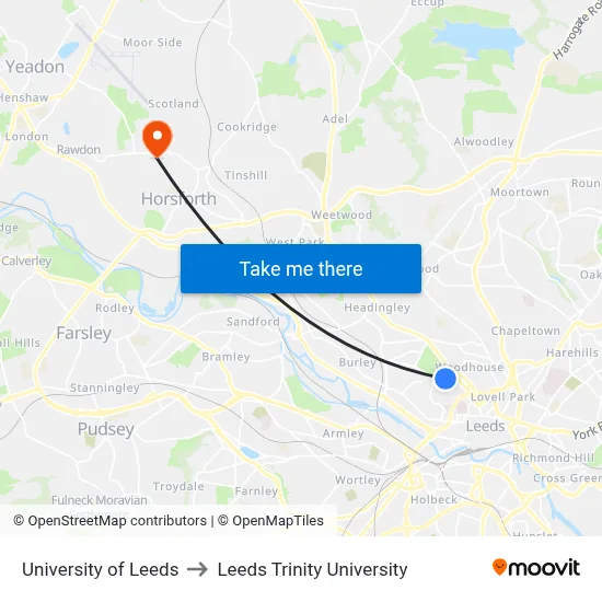 University of Leeds to Leeds Trinity University map