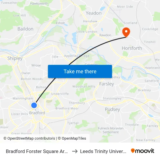 Bradford Forster Square Argos to Leeds Trinity University map