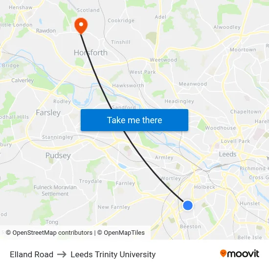 Elland Road to Leeds Trinity University map