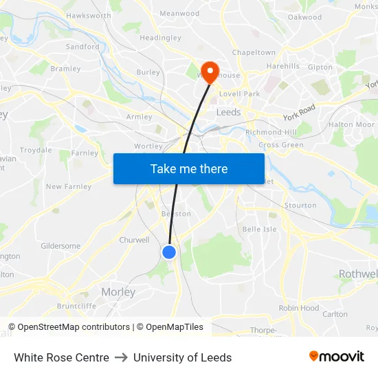 White Rose Centre to University of Leeds map