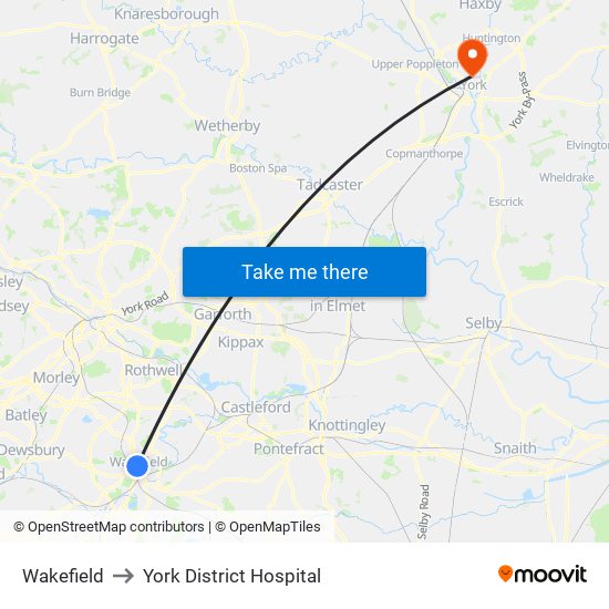 Wakefield to York District Hospital map