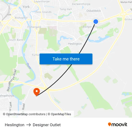 Heslington to Designer Outlet map