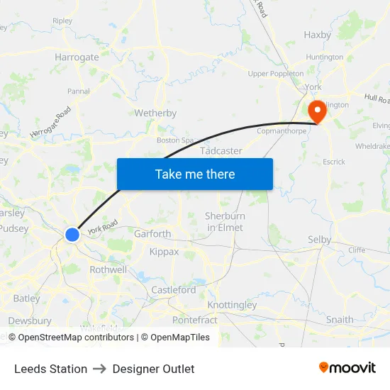 Leeds Station to Designer Outlet map