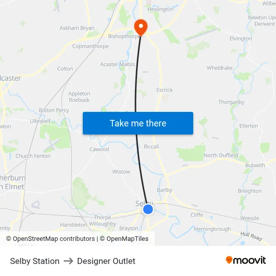 Selby Station to Designer Outlet map