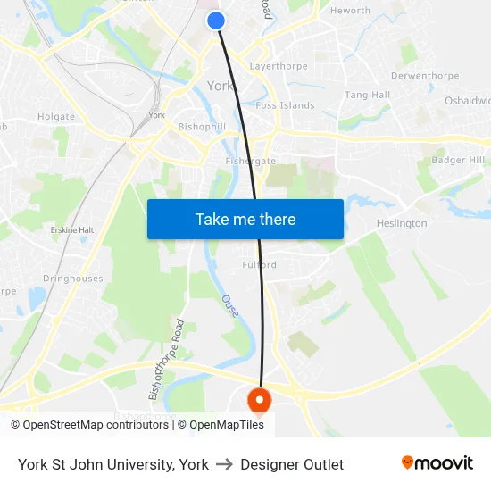 York St John University, York to Designer Outlet map
