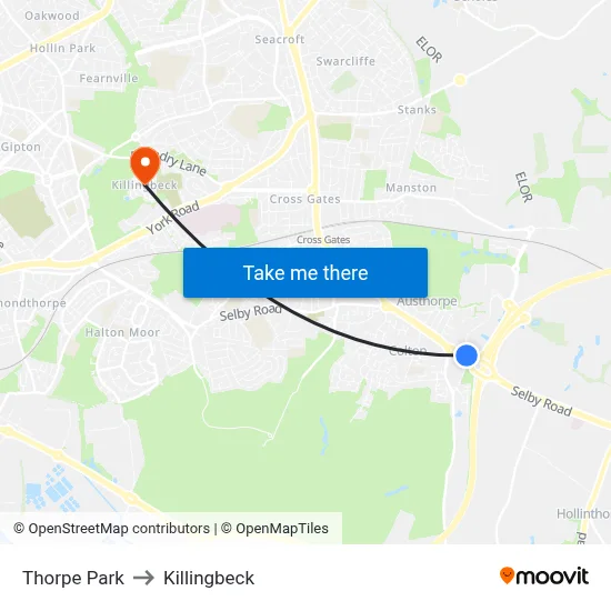 Thorpe Park to Killingbeck map