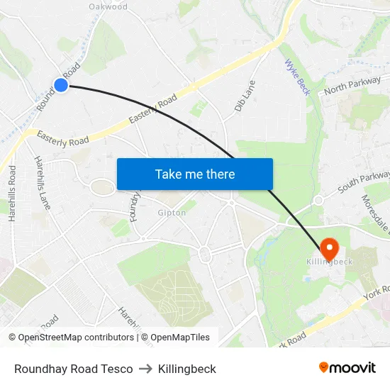 Roundhay Road Tesco to Killingbeck map