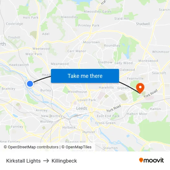 Kirkstall Lights to Killingbeck map
