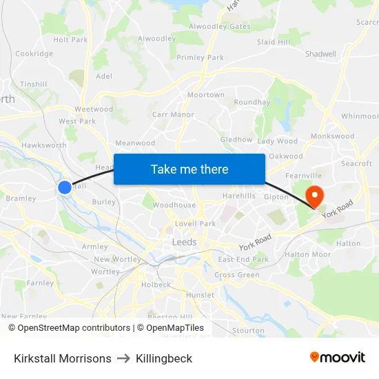Kirkstall Morrisons to Killingbeck map