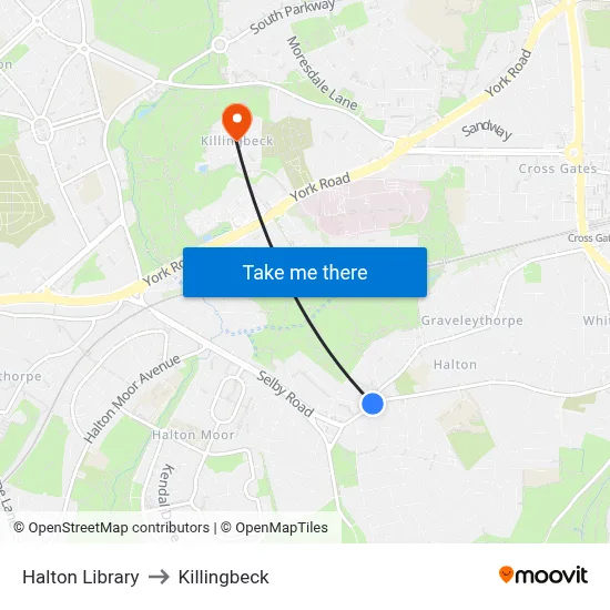 Halton Library to Killingbeck map