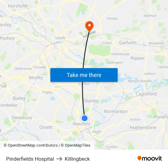 Pinderfields Hospital to Killingbeck map