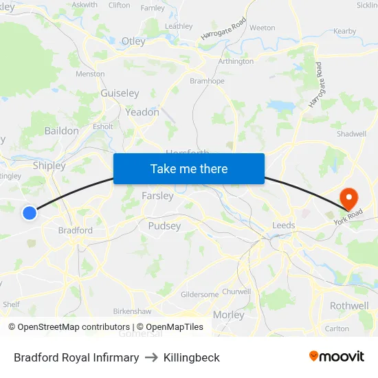 Bradford Royal Infirmary to Killingbeck map