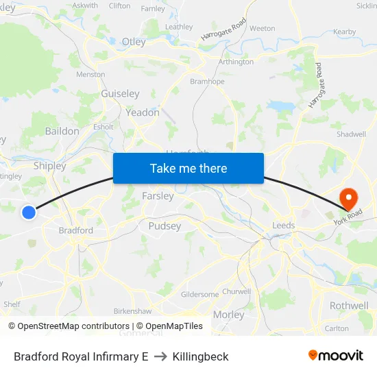 Bradford Royal Infirmary E to Killingbeck map