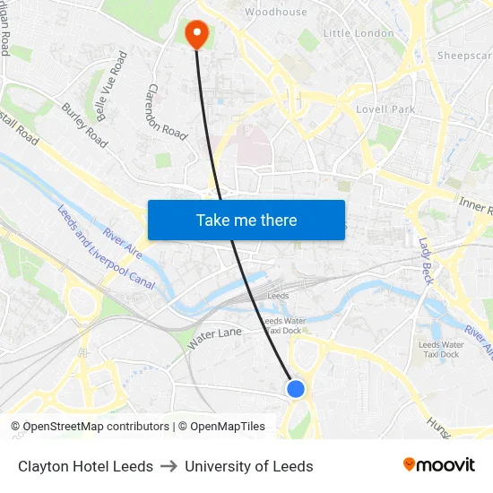 Clayton Hotel Leeds to University of Leeds map