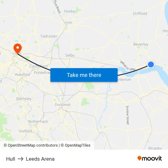 Hull to Leeds Arena map