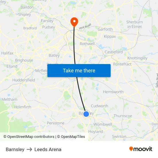 Barnsley to Leeds Arena map