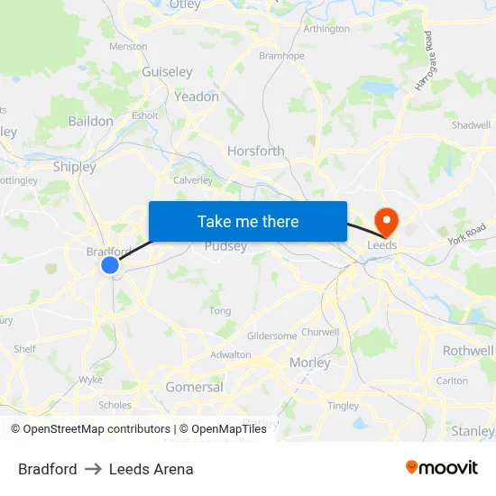 Bradford to Leeds Arena map