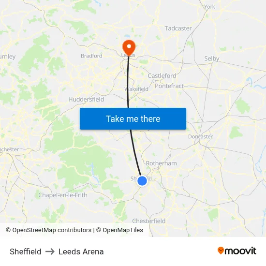 Sheffield to Leeds Arena map