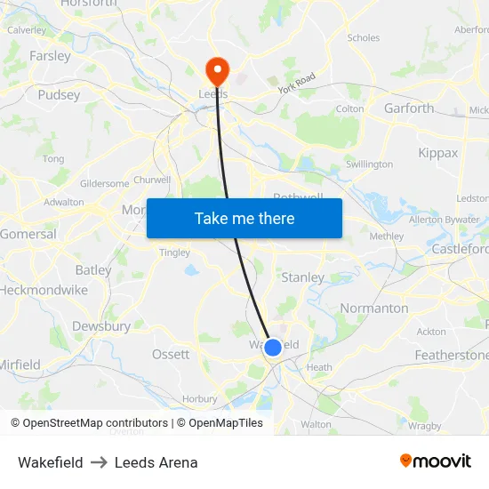 Wakefield to Leeds Arena map
