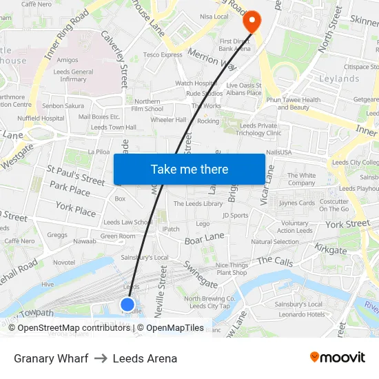 Granary Wharf to Leeds Arena map