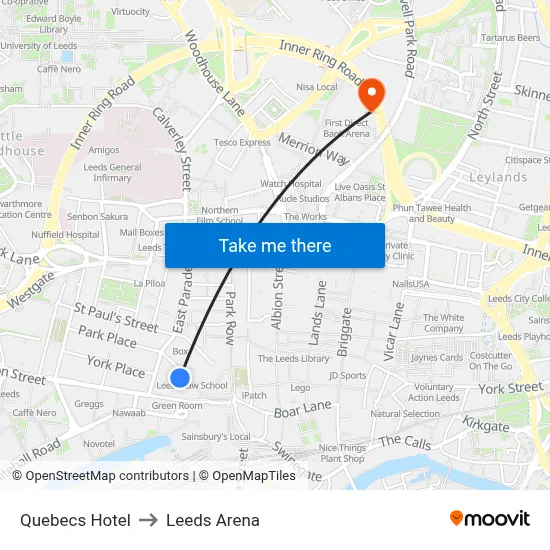 Quebecs Hotel to Leeds Arena map