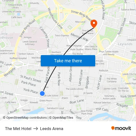 The Met Hotel to Leeds Arena map