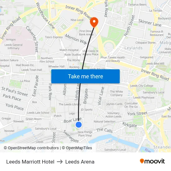 Leeds Marriott Hotel to Leeds Arena map
