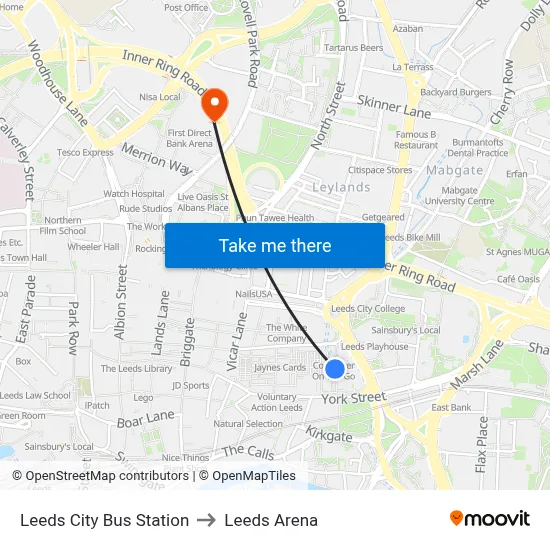 Leeds City Bus Station to Leeds Arena map