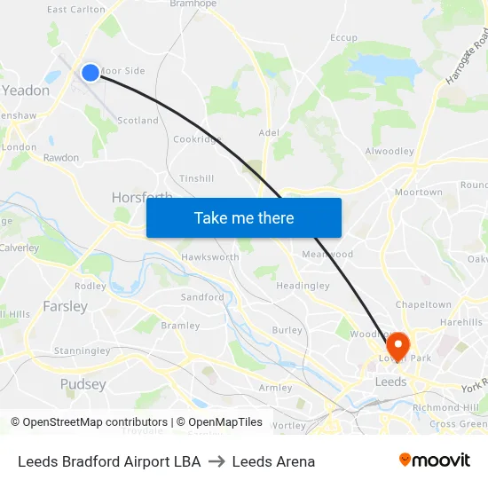 Leeds Bradford Airport LBA to Leeds Arena map