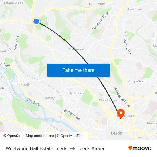 Weetwood Hall Estate Leeds to Leeds Arena map