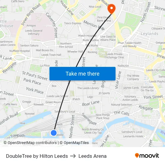 DoubleTree by Hilton Leeds to Leeds Arena map