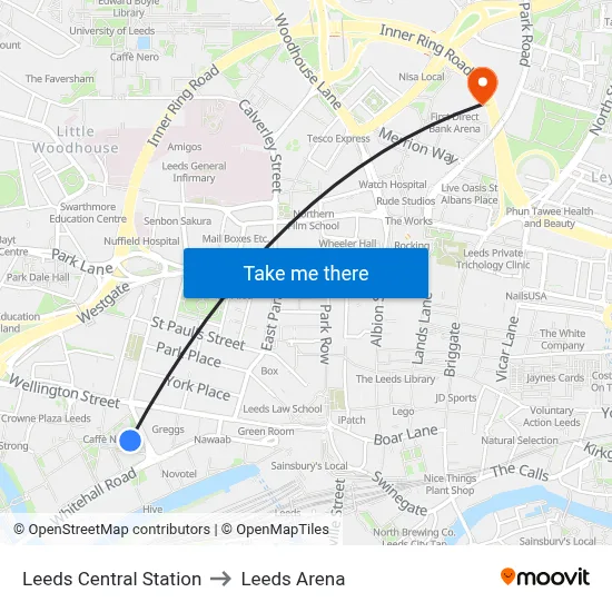 Leeds Central Station to Leeds Arena map