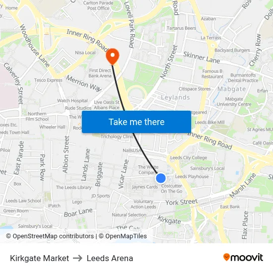 Kirkgate Market to Leeds Arena map