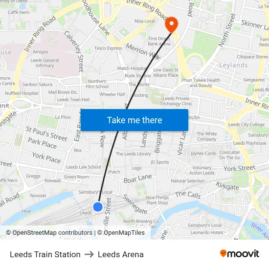Leeds Train Station to Leeds Arena map
