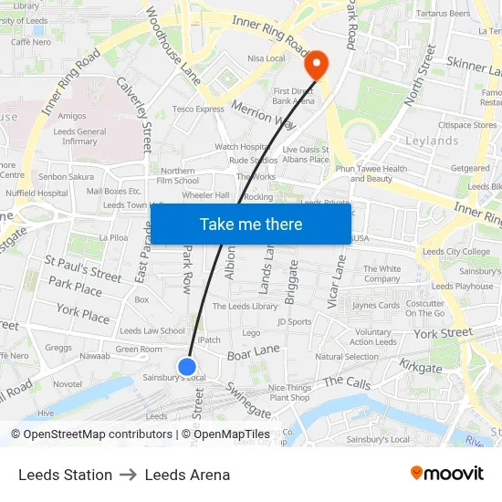 Leeds Station to Leeds Arena map
