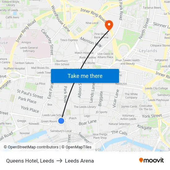 Queens Hotel, Leeds to Leeds Arena map