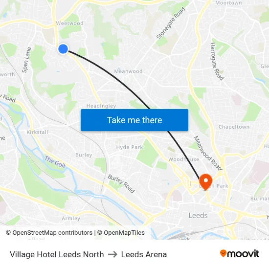Village Hotel Leeds North to Leeds Arena map
